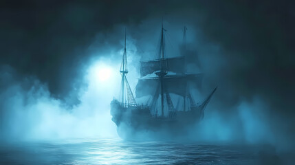 Mysterious ship emerging from foggy sea at night. Ghost Ship. Illustration