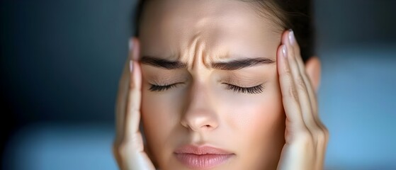 Fototapeta premium Portrait of a distressed woman sitting on the edge of a sofa holding her head in her hands and expressing feelings of emotional fatigue anxiety and tension headache