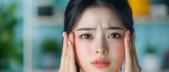 Close up portrait of a frustrated young Asian woman massaging her temples with a painful tension headache dealing with stress migraine or other health issue causing discomfort and distress
