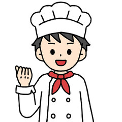 ガッツポーズをするパティシエの男性