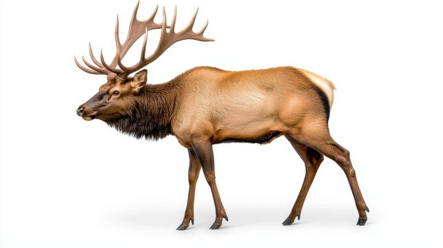 A photostock of an elk on a white background, isolated and majestic.