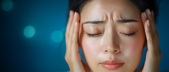 Asian woman with closed eyes holding her head with both hands in an expression of emotional pain struggle and mental health issues  Concept of relationship stress emotional suffering anxiety