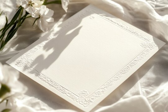 An invitation paper mockup with delicate borders and soft shadows, perfect for presenting wedding or event invitations with a touch of elegance.