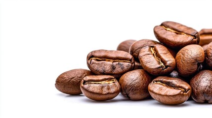 Naklejka premium A photostock of coffee beans on a white background, roasted and aromatic.