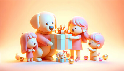 3D Soft Abstract Background Family Exchanging Surprise Gifts Pastel Colors Dreamy Warm Atmosphere Cozy Living Room Ideal for Family Events Holiday Promotions Copy Space Icon