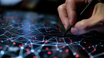 human hand pointing at artificial intelligence symbols 3D digital screen surrounded by futuristic elements symbolizing the power artificial intelligence.Technological virtual background