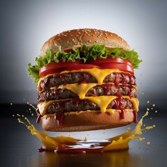 flying realistic, mouth-watering cheeseburger with a double patty, layered with melted cheese, lettuce, tomato, and dripping sauces