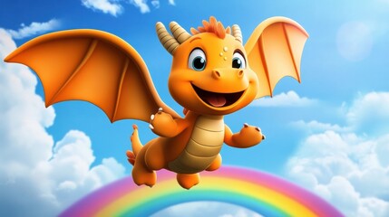 Obraz premium Joyful Cartoon Dragon Flying Over Rainbow