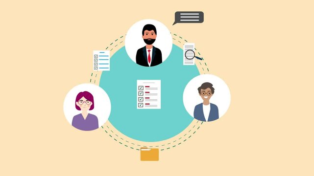Three Business Person Network Sharing Document and talking about Business cartoon animation. Files Exchange and Conversation between professional people