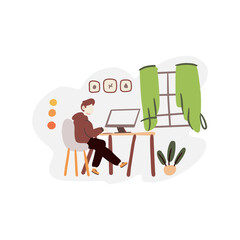Man sitting at desk, working on computer with green curtains and a plant; suitable for office, technology, and productivity concepts.
