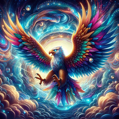 Obraz premium 3D rendering of a beautiful eagle in a cosmic space with stars.