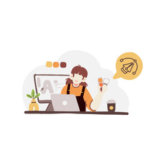 Woman multitasking with laptop, color swatches, design tools. Perfect for graphic design, web development, creative work, technology.