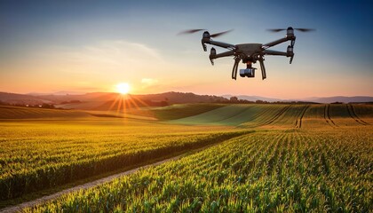 Fototapeta premium A drone flies over lush green fields at sunset, capturing stunning aerial views of agriculture and the surrounding landscape.