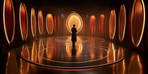 Silhouetted Figure in a Circular Room: A solitary figure stands at the center of a room illuminated by a series of glowing circular portals.