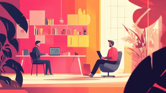 Remote work team flat illustration, featuring characters on a video call, clean layout with minimal details