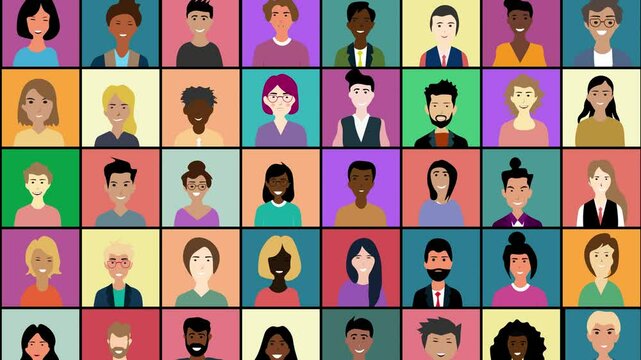 Grid of multicultural people Background Changing profiles in Colorful squares. diversity and Variety in Human. animated illustration. stop motion