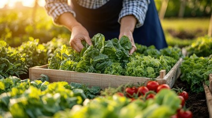 Harvest Bounty: A person, tending to a vibrant garden bursting with fresh produce, showcasing the connection between human and earth