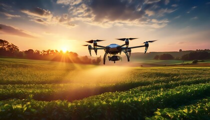 A drone hovers over a vibrant field at sunset, capturing the beauty of agriculture and technology in harmony.