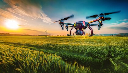 Fototapeta premium A vibrant drone hovers over a lush green field at sunset, capturing the serene beauty of nature and technology in harmony.