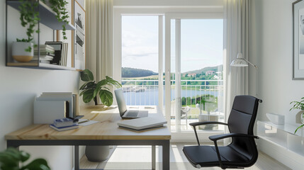 Fototapeta premium Modern Home Office with Large Windows and Scenic Outdoor View