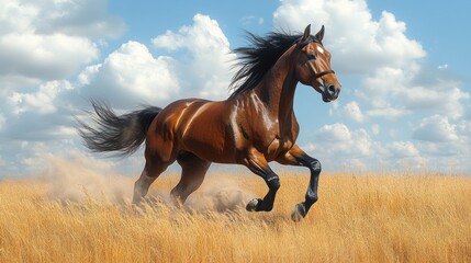 A galloping horse in a golden field under a blue sky.