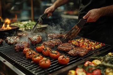Line cooks grilling meats and vegetables on the stove. They focus on cooking everything to the right temp