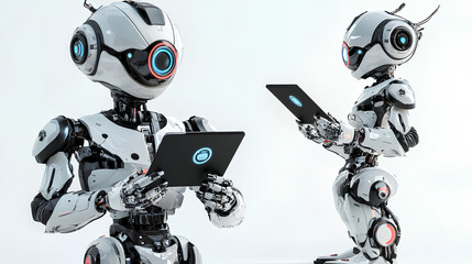 Ai robot using tablet isolate on white background 