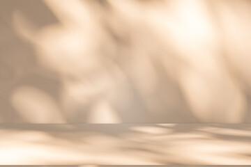 Wall interior background, studio and backdrops show products. with leaf shadow from window color beige and white. background for text insertion and presentation of product	