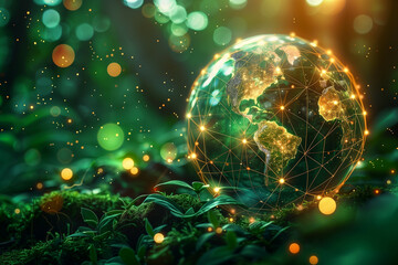 Illuminated Digital Globe on Mossy Forest Floor Under a Canopy of Lights