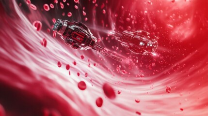 Nanorobots navigating through a human bloodstream, futuristic medical technology enhancing treatment at a microscopic level