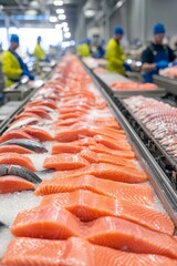 Industrial seafood processing plant with assembly lines, showcasing efficiency in handling large quantities of fish, Seafood processing assembly line, Mass production in fishing