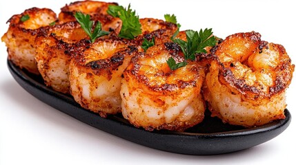 A photostock of shrimp appetizers on a white background, seasoned and ready to serve.