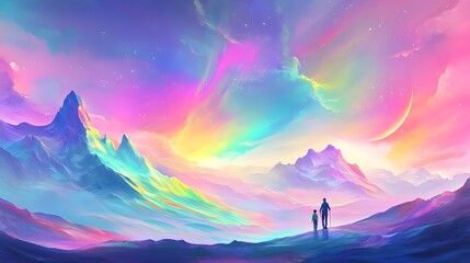 Fototapeta premium Dreamy Mountain Landscape with Father and Son