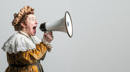 Hear ye, hear ye! A theatrical woman in a historical costume shouts through a megaphone with wide-eyed intensity. Her expression is a mix of excitement and urgency.  