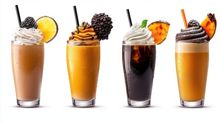 A photostock of various iced coffee drinks on a white background, each in clear glasses.