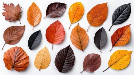 Fototapeta premium A photostock of vibrant autumn leaves on a white background, isolated and scattered.