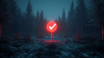 A surreal, unsettling image where a red checkmark is used as a marker for an ominous event or a dark secret.