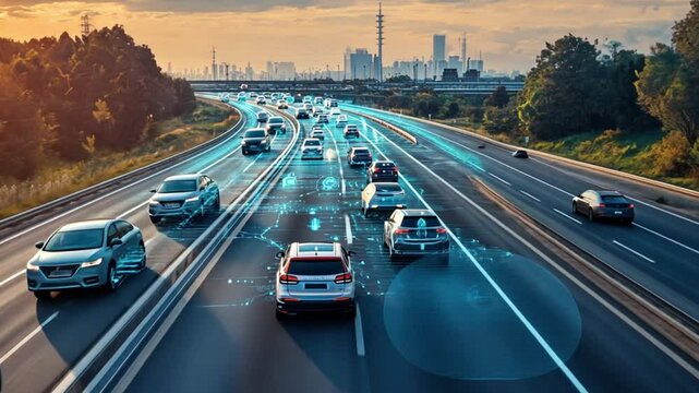 A futuristic highway scene with digital overlays representing connected vehicles and data.