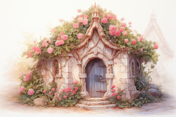 Cute Fairy Tale House, Watercolor. Romantic Fairytale Home with Lush Pink Flowers and Charming Stone Entrance with Old Wooden Door. Fantasy Elvish or Dwarven Home