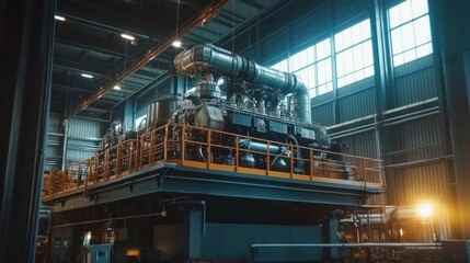 Industrial engine room interior. Industrial power plant main generator with enormous diesel engine. high voltage industrial diesel generator at a power generation plant