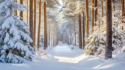 Naklejka premium Snow-covered forest path lined with tall trees, tranquil winter scene. Nature and serenity concept