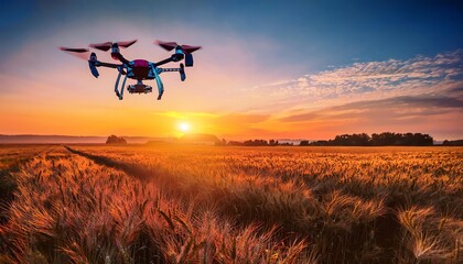 A drone hovers above a golden field during sunset, capturing the serene beauty of nature and the advancements in aerial technology.