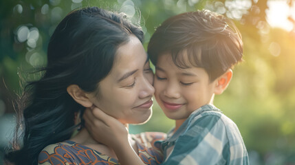 A smart and beautiful Asian mother holding and kissing her preteen son, with the boy smiling and expressing love and gratitude. Concept of parenting and mommy�s love.