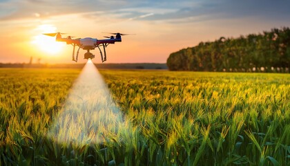 Fototapeta premium A drone sprays crops in a vibrant field during sunset, showcasing modern agricultural technology in action.