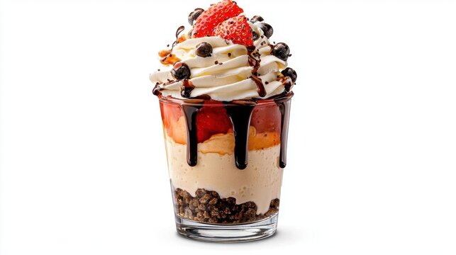 A photostock of a dessert parfait in a glass on a white background, sweet and creamy.