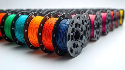 A Row of Spools with Different Colors and Sizes of Wax, Plastic, and Thread, Showcasing a Variety of Crafting Materials for DIY Projects, Sewing, and Artistic Creations
