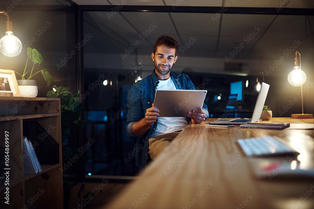 Aufkleber man, tablet and reading at night at startup with smile, thinking and review for project in modern of