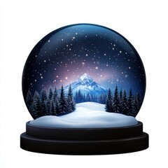 A charming snow globe featuring a scenic winter landscape with a mountain and snow-covered trees, perfect for holiday decor.