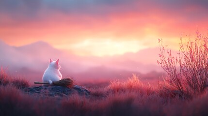 Obraz premium A serene white cat sitting on a broomstick at sunset gazing at the vibrant landscape of nature's beauty