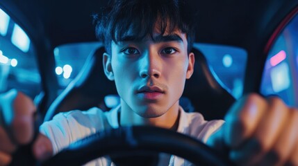 Obraz premium close up of a man playing a car racing game